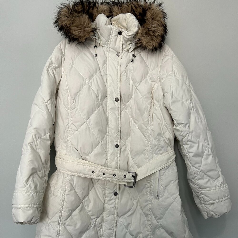 Lands' End Women's Cream Belted Down Parka w/Faux Fur Trim Sz 1X